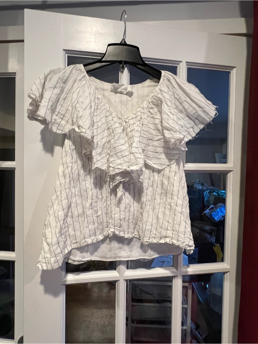 Loup Charmant White Striped Ruffle Off-Shoulder Tie Blouse